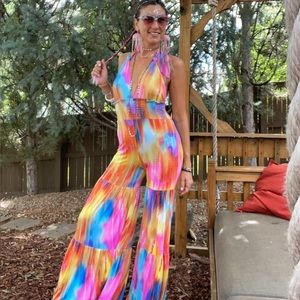 Rainbow Ruffled Leg Jumpsuit with Halter Top